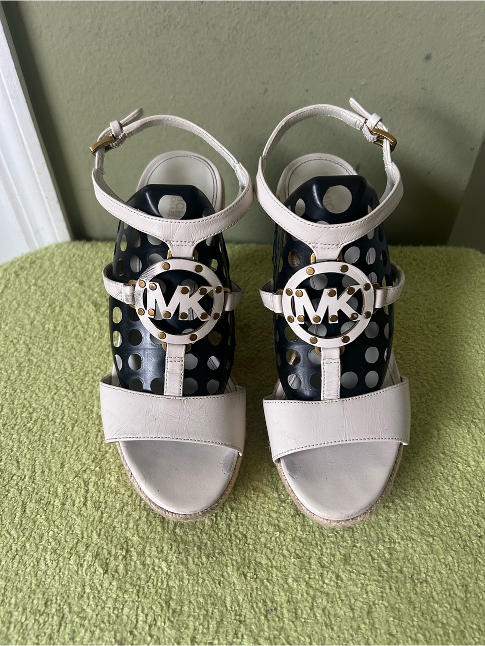 Michael Kors Beige with Gold studded Logo Detail Leather Wedge Sandals